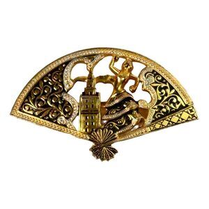 Vintage Spanish Flamenco Dancer & Tower Gold-Tone Fan Brooch
